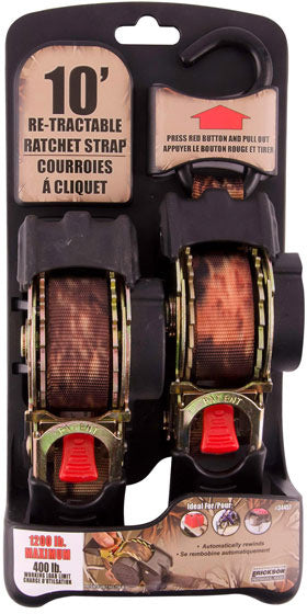 2 PACK - 1" X 10'  RETRACTABLE RATCHET STRAPS - CAMO WEBBING - 1200 Lb CAPACITY