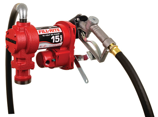 12 VOLT FUEL TRANSFER PUMP WITH HOSE AND MANUAL NOZZLE - 15 GPM