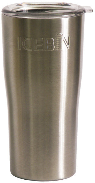 ICEBIN 18 OUNCE HIGH-PERFORMANCE TUMBLER. MADE OF STAINLESS STEEL WITH A CLEAR PLASTIC LID